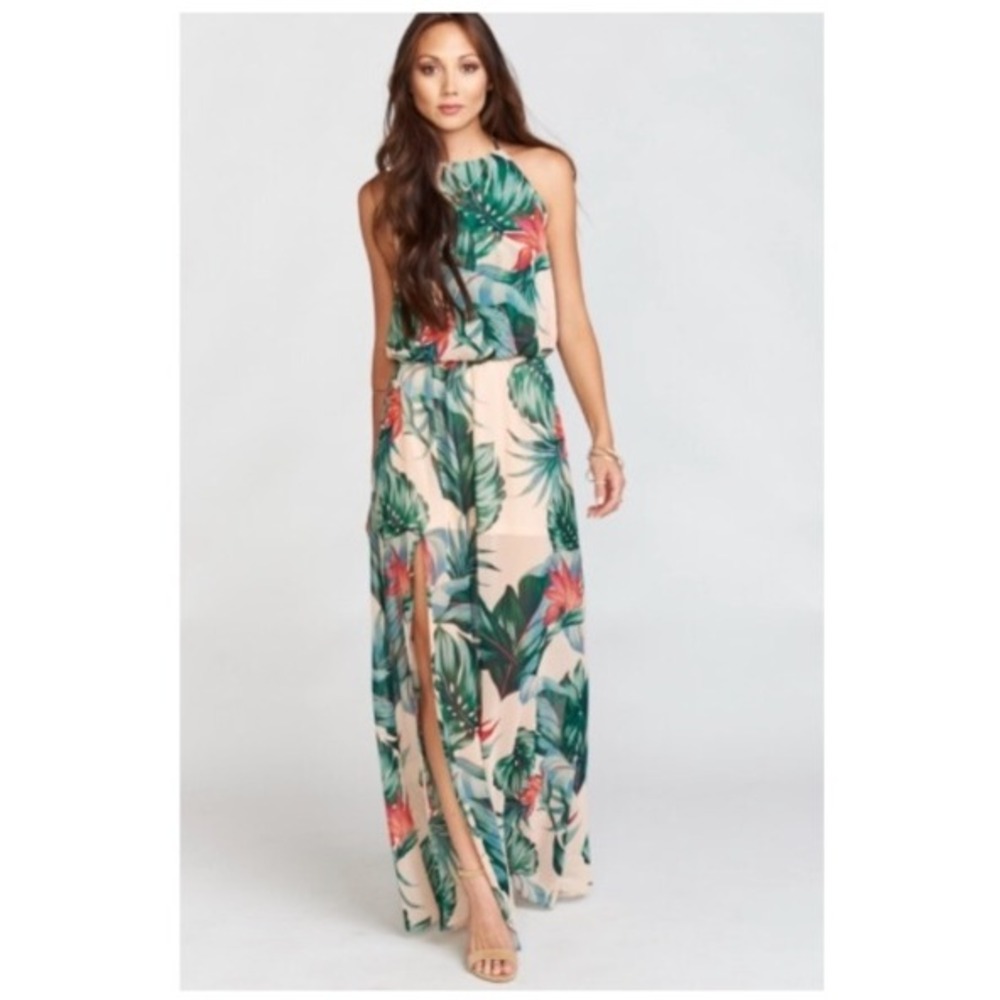 Show Me Your Mumu Heather Halter Dress Kauai Kisses Pink Tropical Palm Maxi Med